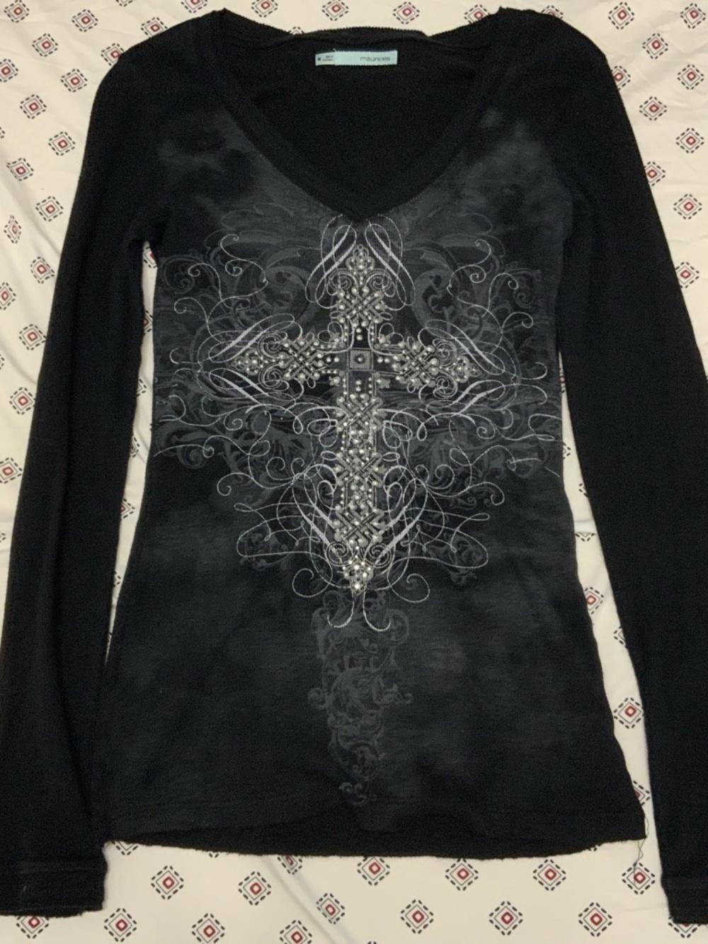 Emo Y2K 2000s Maurice’s Women’s Long Sleeve Top Medium Cross Embellished Black
